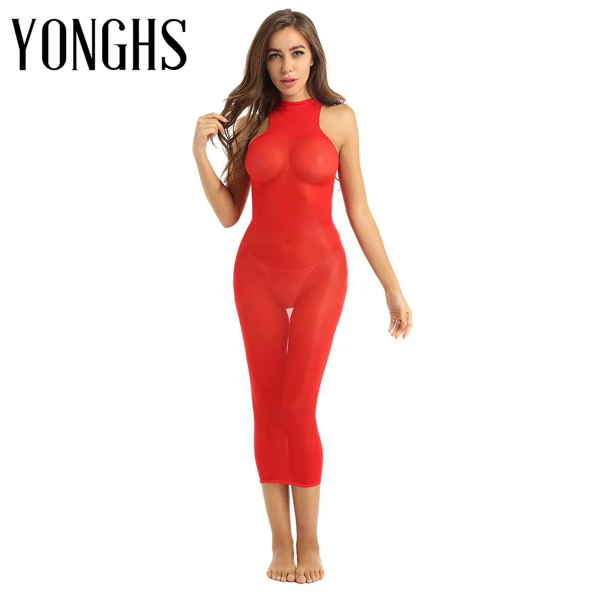 

Womens Lingerie Hot Mni Bodycon Stocking Dress Ultra-thin Silky See Through Sheer Round Neck Sleeveless Stretchy Sexy Nightwear