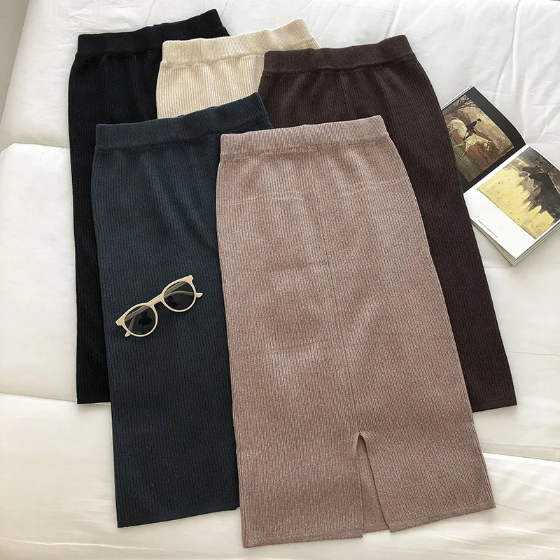 

Women Autumn Korean Solid Casual Package High Waist Skirts Female Elastic Waist Knitted Skirts