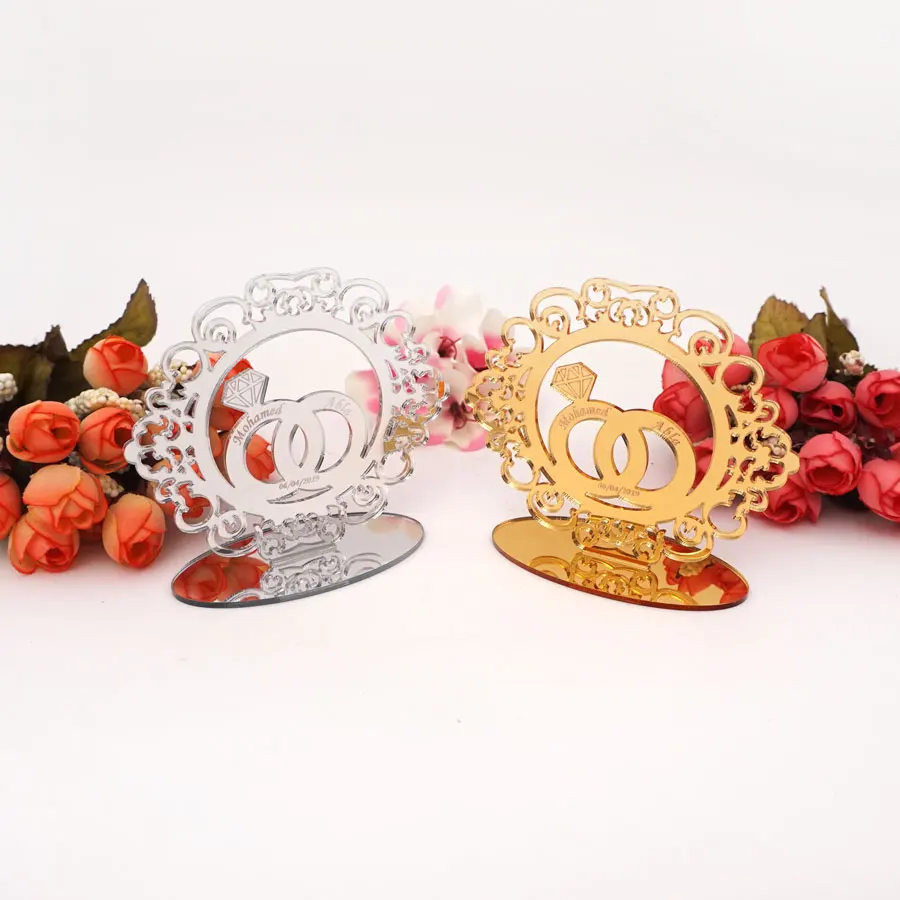 

12pcs Personalized Place Name Card Acrylic Mirror Ring With Hollow Circle Stand Up Wedding Gift Home Decor For Private Word Date