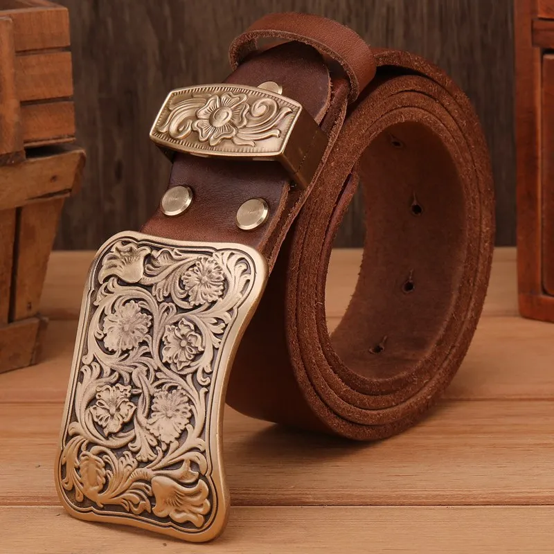 flower ring khaki Твердый латунный ремень с пряжкой в виде цветка, коричневый, черный, мужские ремни, роскошные, полностью зернистые, Воловья кожа, натуральная кожа, высокое качество, винтажная, Золотая Талия - Цвет: flower ring khaki