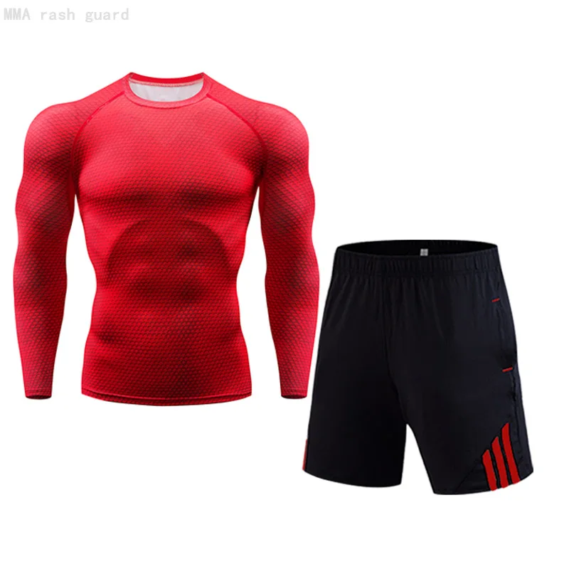 

New Men Running Long-sleeved Top T-shirt + Jogging shorts 2 Piece Tracksuit Quick dry Gym T-shirt Sports Shorts Workout Clothing