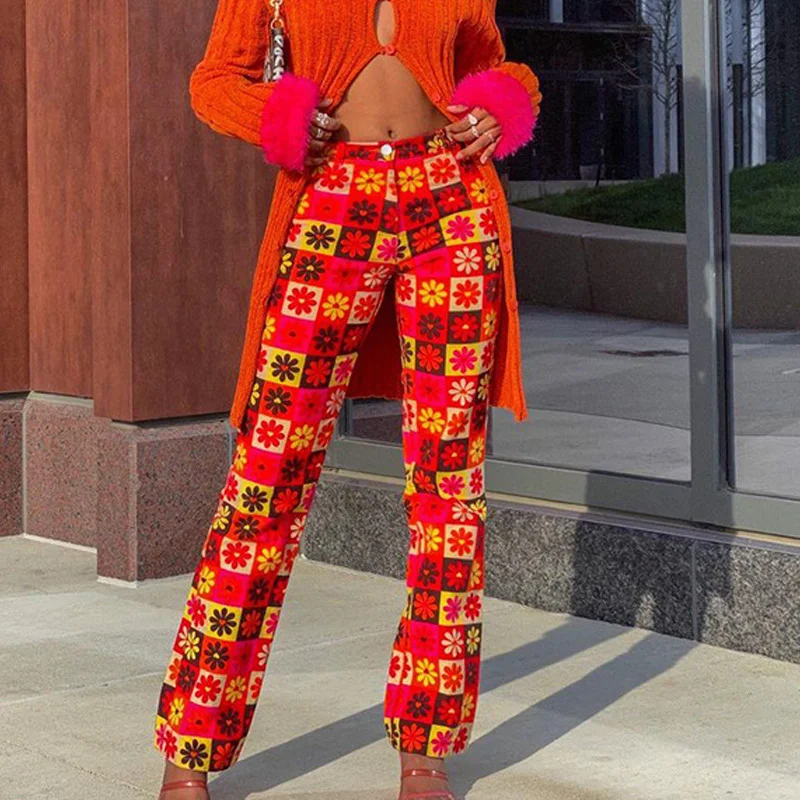 

Прямые брюки, Женская праздничная одежда, элегантные клетчатые Цветочные мешковатые брюки, женская уличная одежда, африканские слаксы, нар...