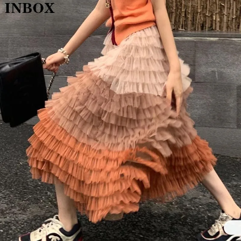 

INBOX 2021 Spring Artistic Elegant Patchwork Long Skirt Women High Waist Mesh Maxi Layer Skirts Ladies Chiffon Pleated Female