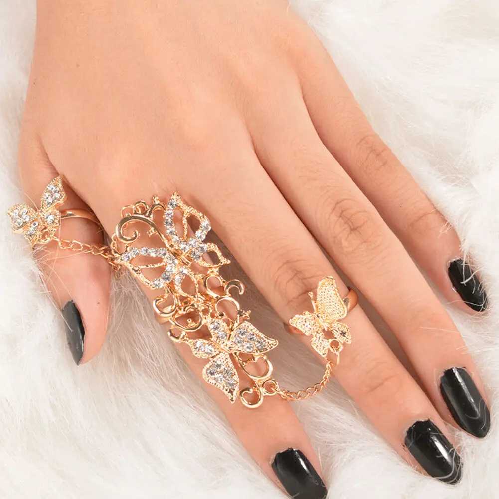 

Rhinestone Flower Butterfly Full Finger Rings for Women Gold Chian Link Double Armor Ring Wholesale