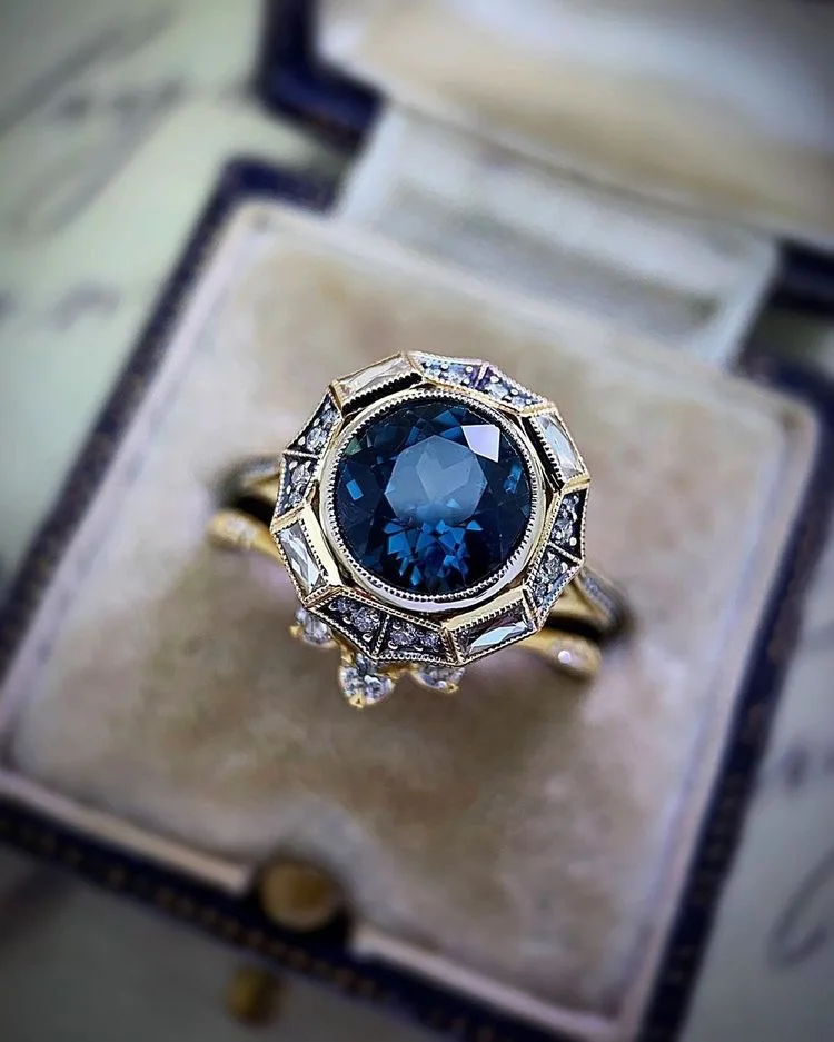 

Luxury Female Blue Zircon Stone Ring Set Vintage Gold Color Engagement Ring Dainty Round Crystal Couples Wedding Rings For Women