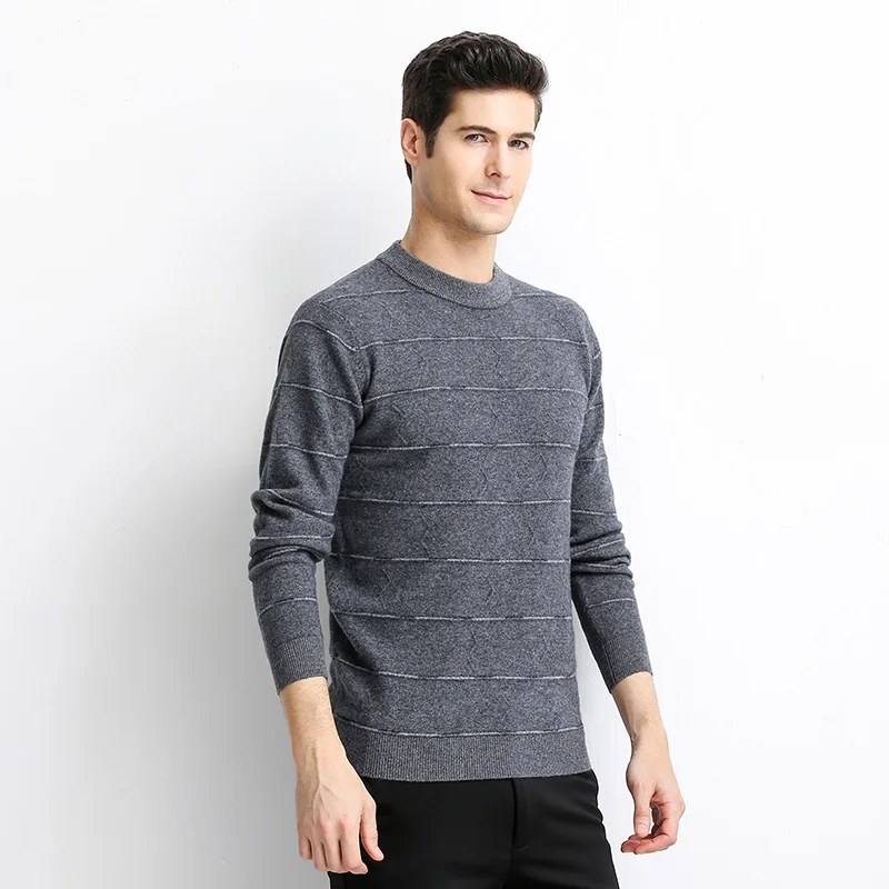 MIACAWOR Top Quality Sweater Men 100% Wool Pullover O-Neck Winter Warm Cashmere Pull Homme Casual Striped Sueter Hombr Y222 | Мужская