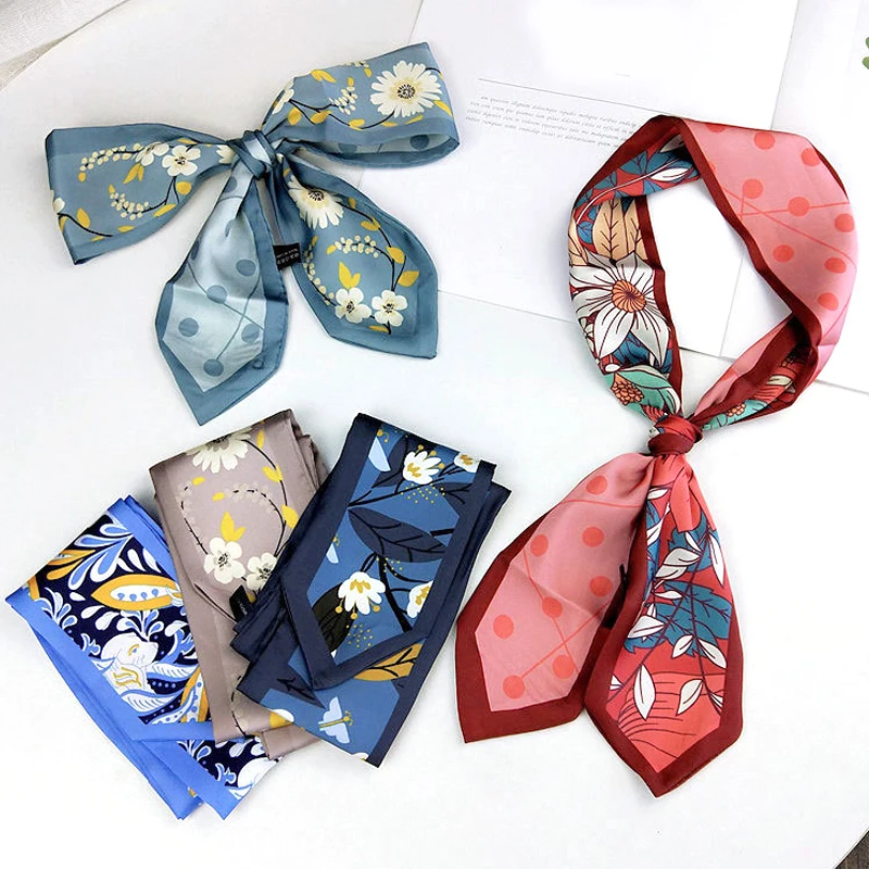 Цветочный принт Шелковый Атласный маленький шарф 7x92 см длинные скинни волосы