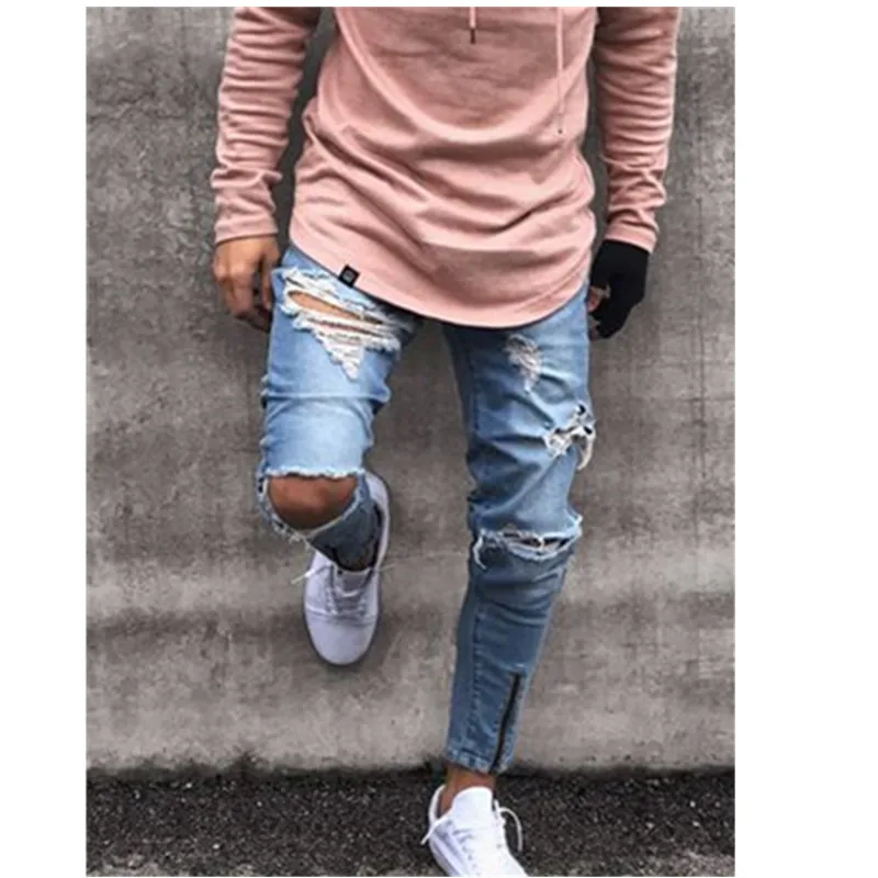 

Men's Skinny Jeans Slim Straight Ripped Distressed Pleated Knee Patch Denim Pants Stretch Zipper Jeans High Street Moto Pants