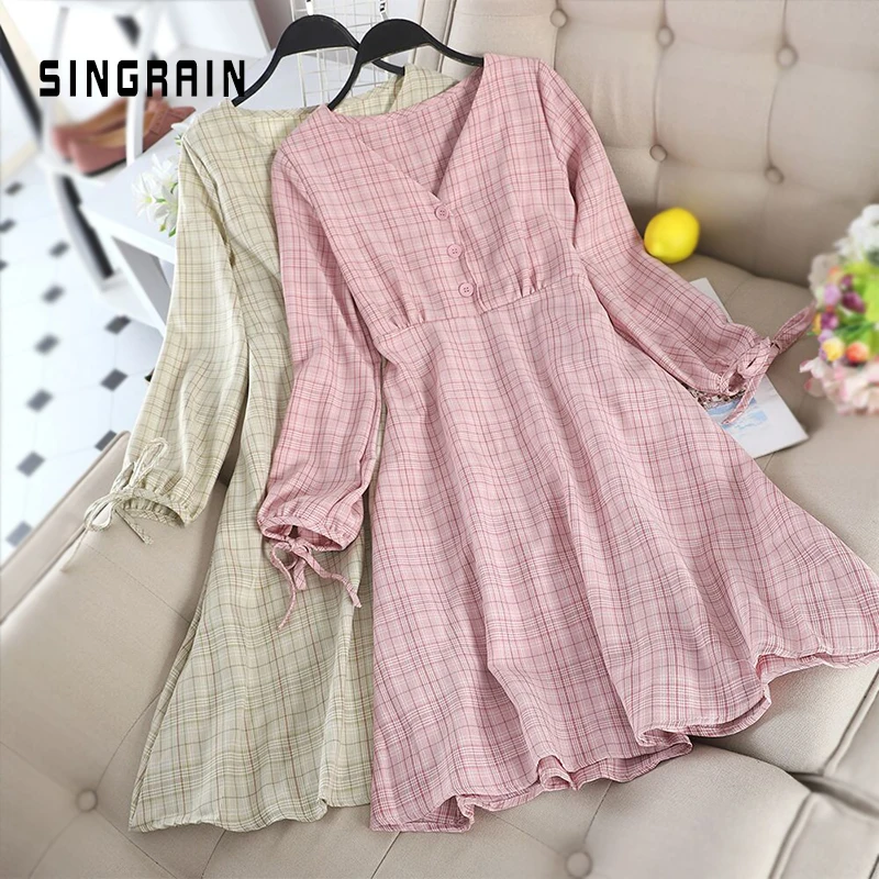 SINGRAIN женское хлопковое льняное клетчатое платье с длинным рукавом элегантное