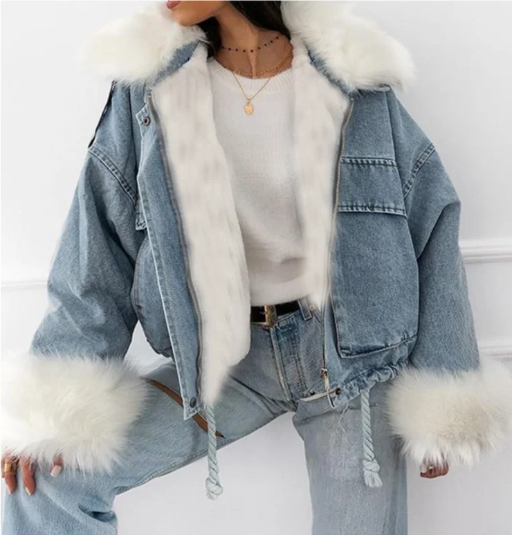 

Autumn Winter Women Jacket Coat Warm Faux Fur Short Jean Jackets 2020 Ladies Fashion Plus Size 3xl Denim Outwear Thicken Clothes