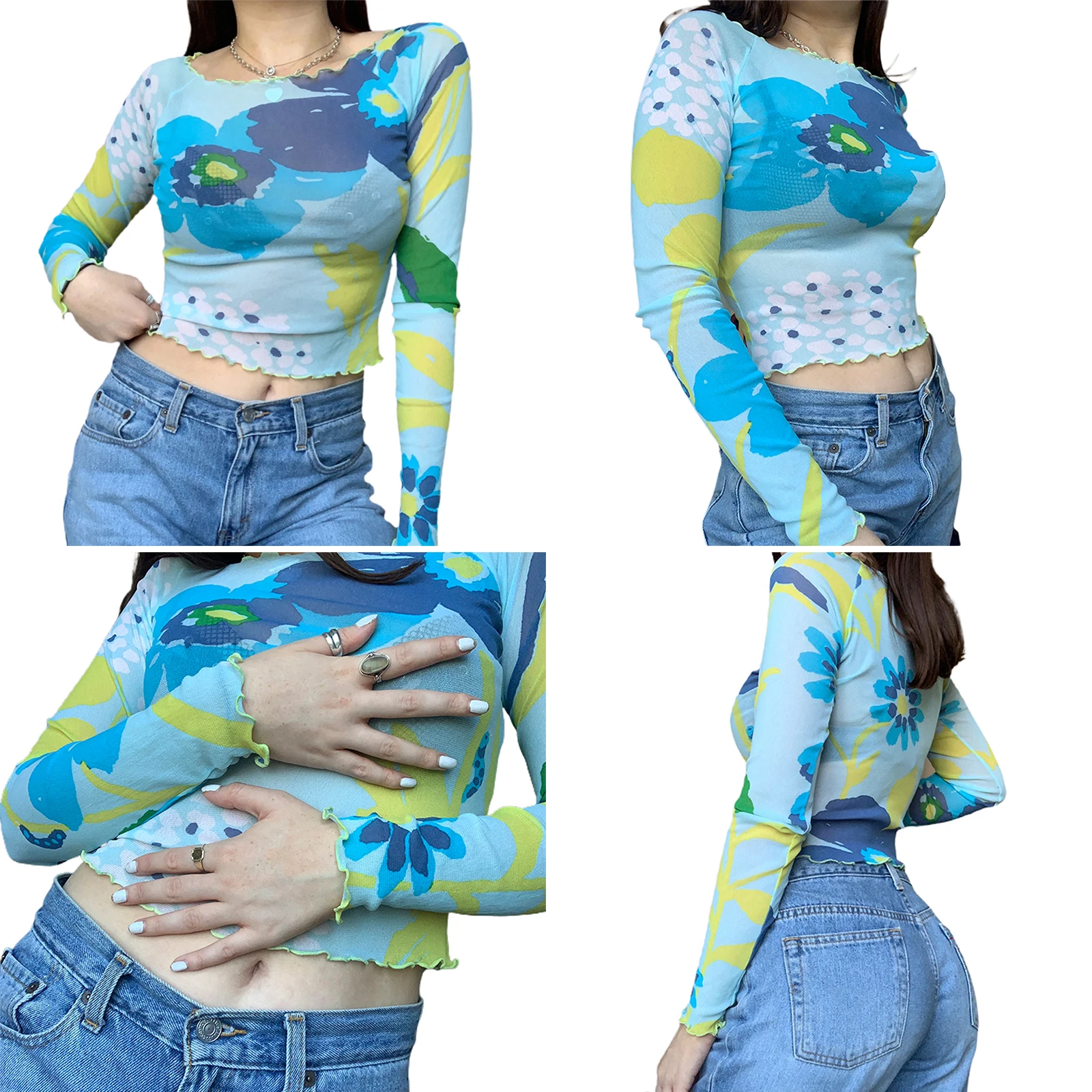 

2021 New Women Casual Long Sleeve T-shirt Fashion Ink Flower Print Round Neck Exposed Navel Tops