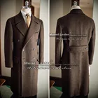 Осенне-зимние коричневые куртки, приталенный двубортный Тренч, пальто, твидовое шерстяное плотное длинное пальто, костюмы по индивидуальному заказу, мужской костюм