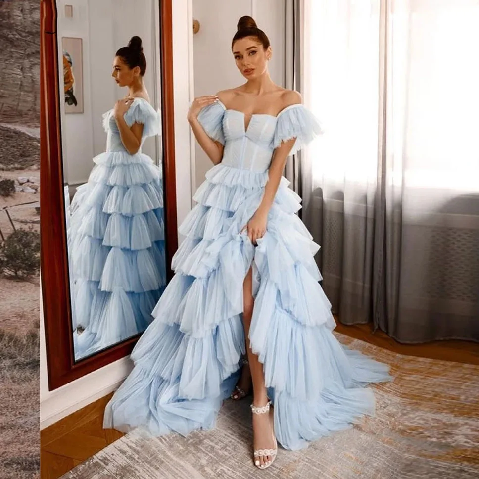 

Graceful Sky Blue Prom Party Dress Layered Tulle Long Evening Gowns Off the shoulder Pleated vestidos de fiesta Event Dresses