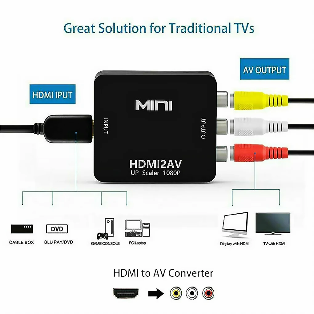 HDMI совместимый с RCA преобразователем AV/CVSB L/R видеобокс HD 1080P 1920*1080 60 Гц HDMI2AV