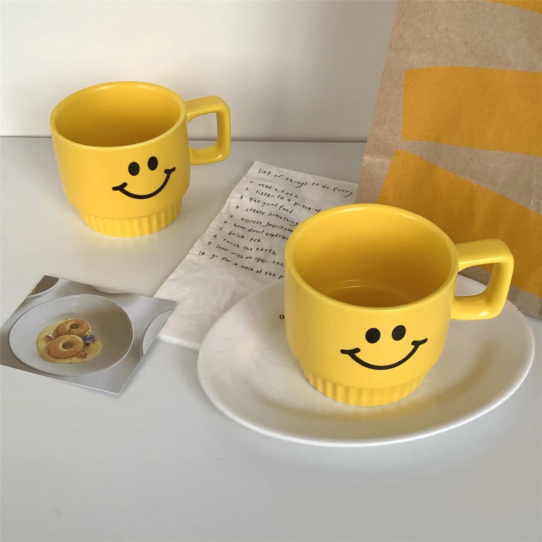 350ml Ins Wind Yellow Smiley Face Handmade Ceramic Coffee Mug Home Breakfast Milk Office Cups Creative Children's Gift | Дом и сад