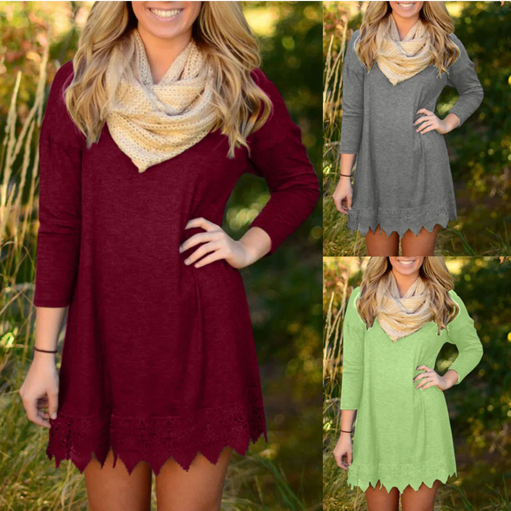 Женское платье туника с круглым вырезом длинным рукавом и кружевной