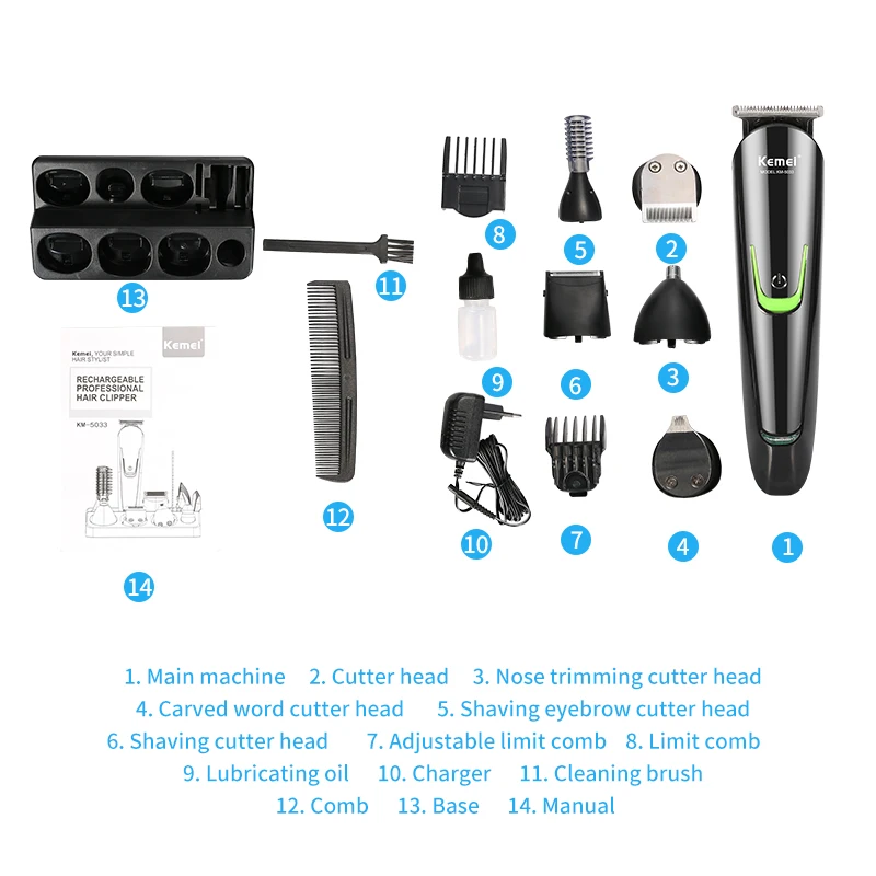 

Kemei-5033 11 In 1 Electric Hair Clipper Rechargeable Low Noise Hair Trimmer Hair Cutting Machine Beard Shaver Trimer For Men