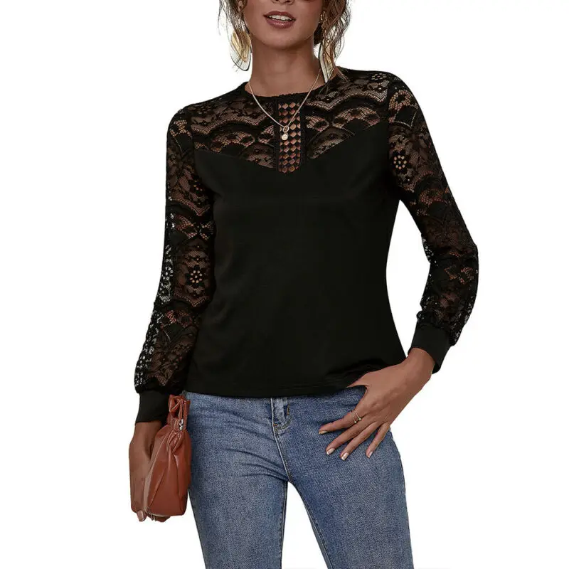 

Women Elegant Lace Slim Long Sleeve Blouse T-shirt Ladies Tee Shirts Pullover Office
