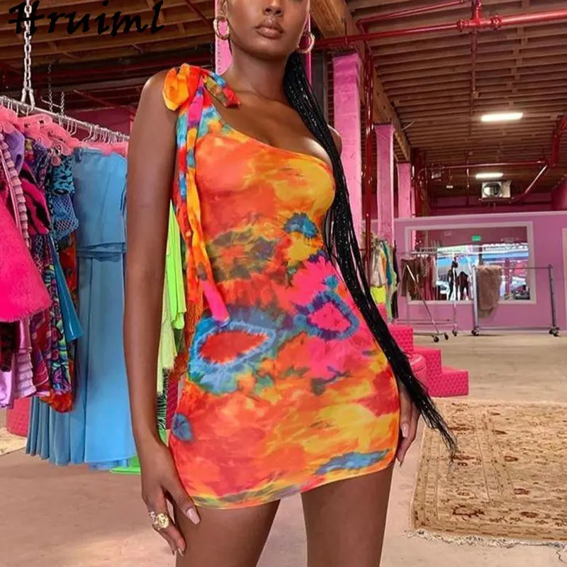 

Dress Bodycon Elegant Sexy Printing Skinny Skew Neck Mini Strappy Woman Dress Summer Holidays Beach Night Club Party Dresses