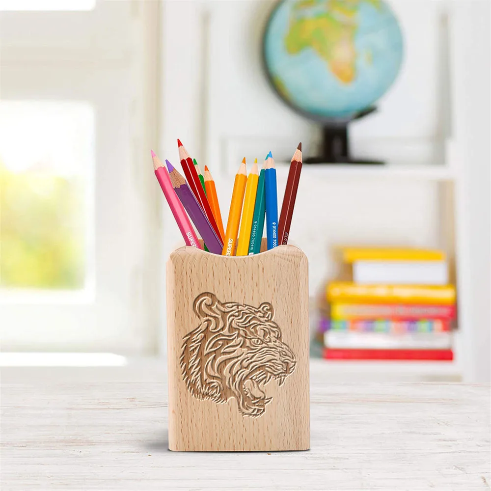 

Персонализированный Деревянный держатель для ручек с гравировкой тигра, многофункциональный настольный органайзер, коробка для хранения, ...
