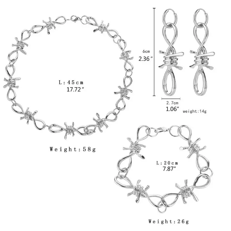 

3Pcs Vintage Punk Gothic Barbed Wire Brambles Chokers Necklace Bracelet Earrings Jewelry Set Men Women Jewerly