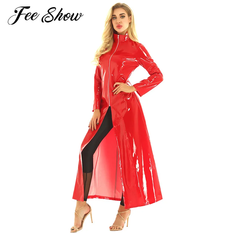 Унисекс Мужчины Женщины Сексуальное белье из ПВХ кожи Wetlook пальто с длинными