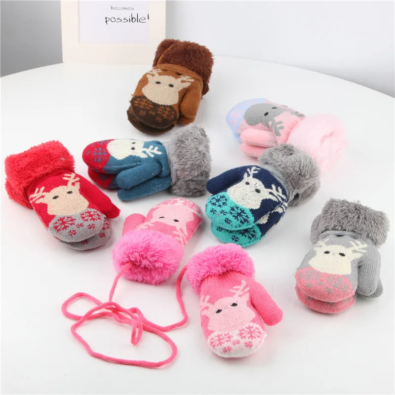 

0-3T Children's Mittens Warm Thick Plus Velvet Kids Girls Boys Gloves Knitted Winter Children Toddler Rope Mitten Christmas Gift