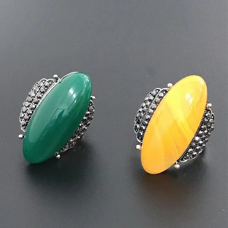 Ethnic Style Big Oval Yellow/Green Stone Rings For Women Vintage Filled Shining Zircon Ring Bling Engagement Wedding Band Rings images - 6