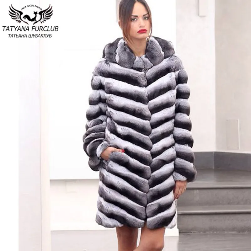 Enlarge Luxury Women Real Rex Rabbit Fur Coat With Hood Thick Warm Fashion Winter New Chinchilla Color Genuine Rabbit Fur Coats Trendy