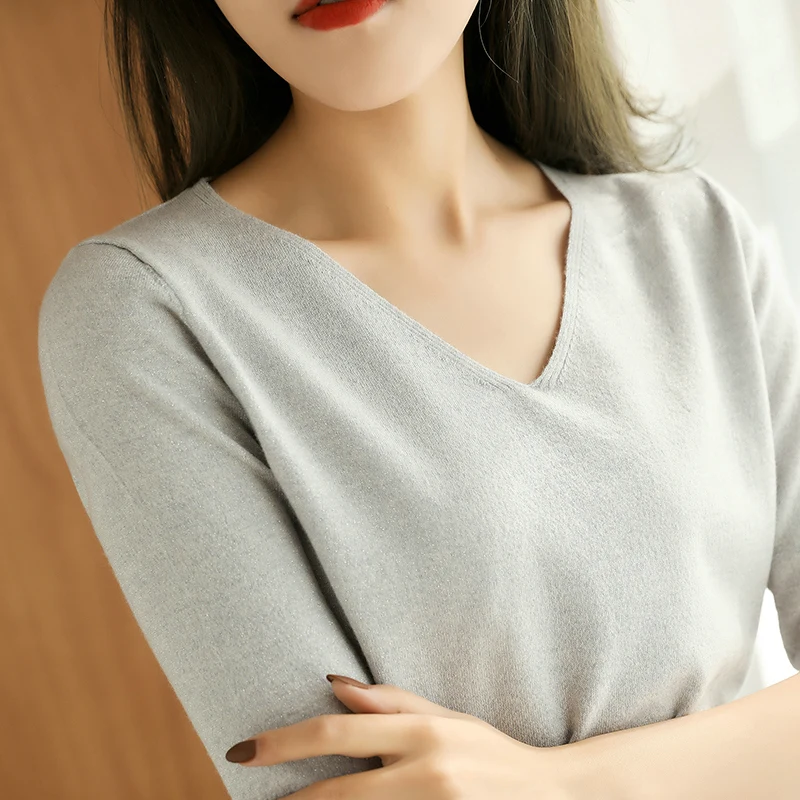 

V-neck sweater female knitted half-sleeved 100% mercerized wool top casual five-point sleeve solid color cashmere sweater women