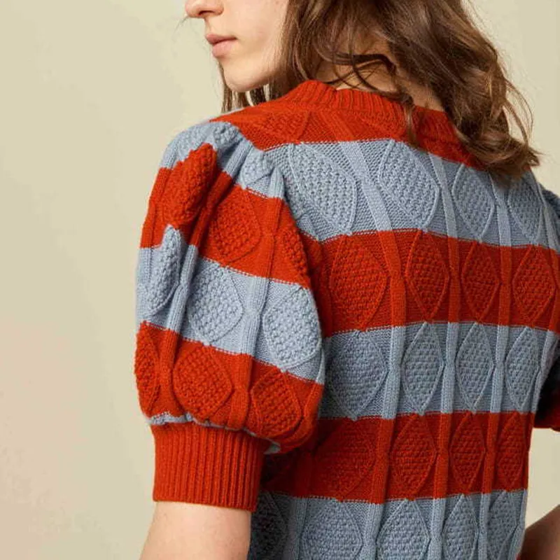 

Striped and Rhombus Pattern Sweater Women V-neck Single Breasted Puff Sleeve Knit Top