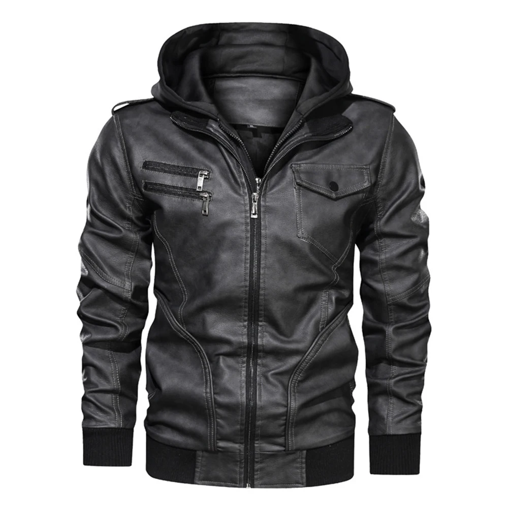 

Motorcycle Fashions Mens Jackets for Winter Autumn Removable Hat Leather Jacket Men Zipper up Dropshipping