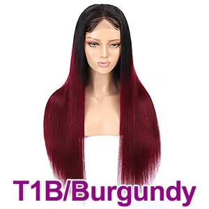 Soft Feel Hair 4x4 Closure Wig Ombre Human Hair Wigs For Black Women Lace Closure Wig Remy Brazilian Straight Wig Middle Ratio - Цвет: T1B/бордовый