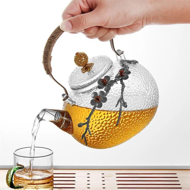

Glass Tea Pot Creative Japanese Style Thicken Heat Resistant Plum Blossom with Handle Household Flower Teapot Office Kettle Gift