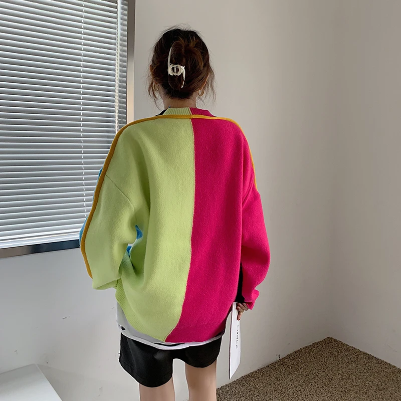 

Spring New Harajuku Casual Women Sweater Loose Patchwork Long Sleeve Jumper Female Labeled Crew-neck Knit Pullover Tops