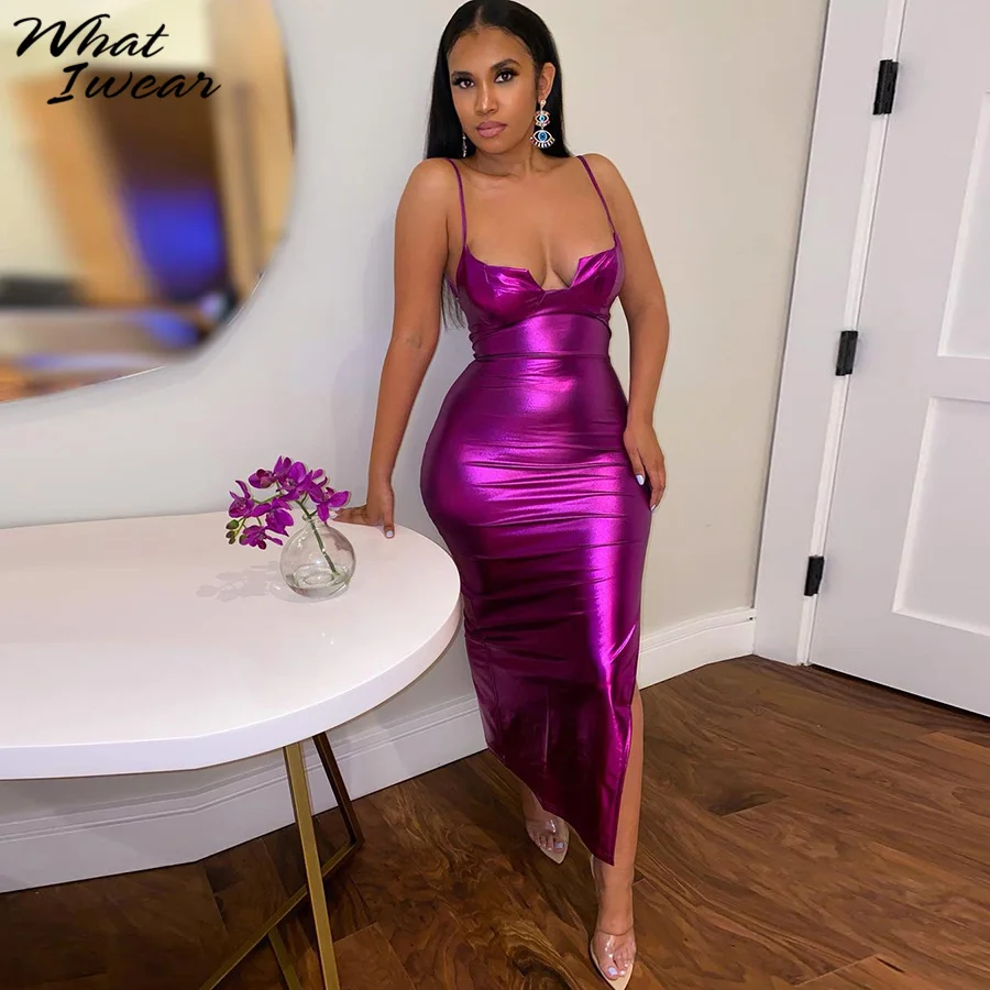 

Whatiwear Nightclub Low Collar Sling Long Dress Women Neon Purple Backless Sleeveless Skinny Side Split Sexy Party Outfits Skirt