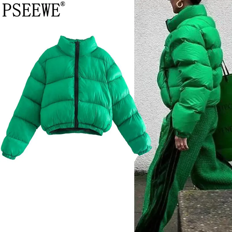 

Женская Стеганая куртка PSEEWE Za, зимнее зеленое пальто с подкладкой, модная уличная одежда 2021, стеганые пальто с длинным рукавом, куртка оверс...