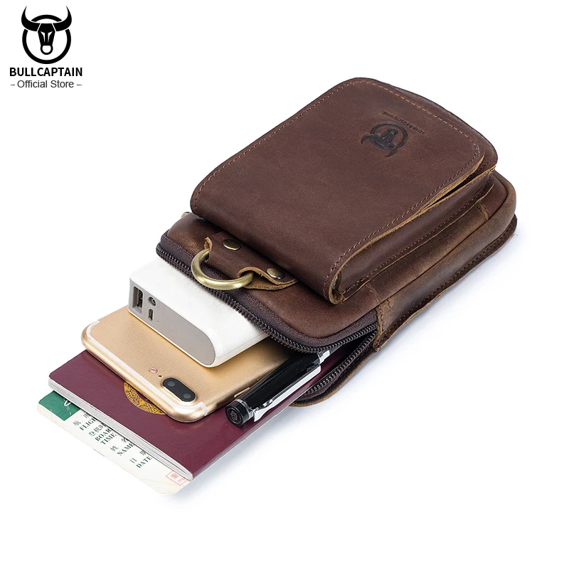 bullcaptain fashion quality leather small summer pouch hook design waist pack bag cigarette case 6 phone pouch waist belt bag free global shipping