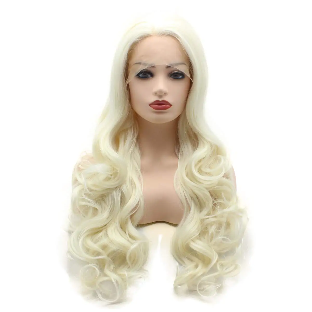 Jeelion Hair Wavy Long 26inch Beige Realistic Heat Friendly Synthetic Lace Front Wigs