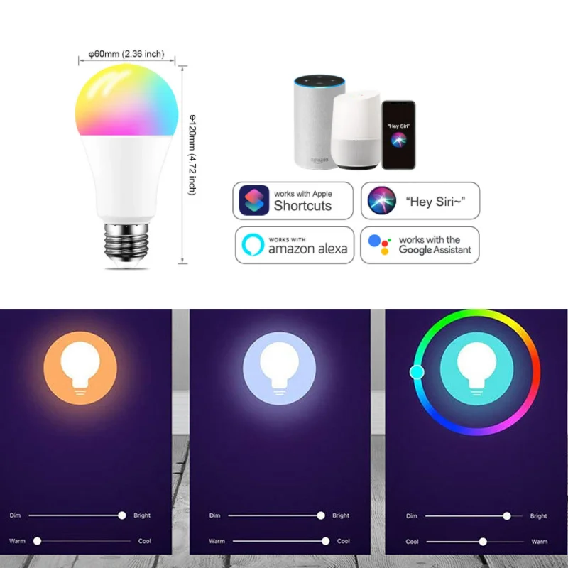 Умная лампа B22 E27 WiFi 10 Вт RGB LED используется с Alexa / Google home 85-265 в + таймер регулируемая