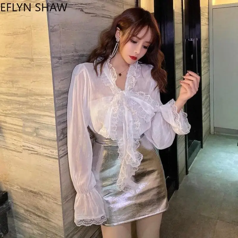 

Sweet Fairy Chiffon Shirt 2021 Summer New Korean Fashion Princess Lace Bowtie Loose Blouse Flare Sleeves Pink Tops White Blusas