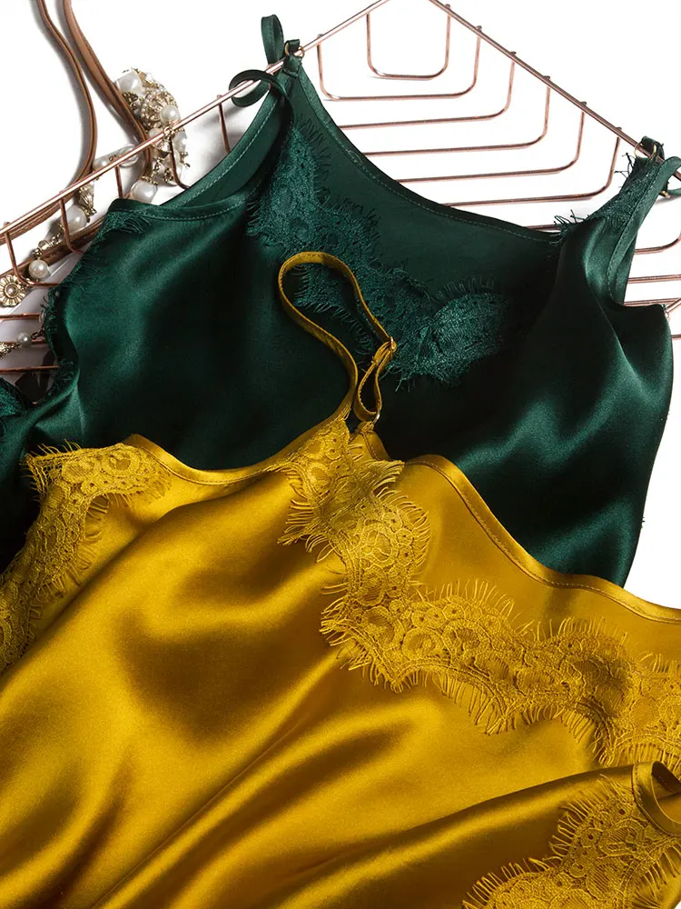 Poplin Real Silk Spaghetti Strap Top Office Lady Camis 2020 Summer Patchwork Lace Women Tank Top sleeveless summer women's shirt