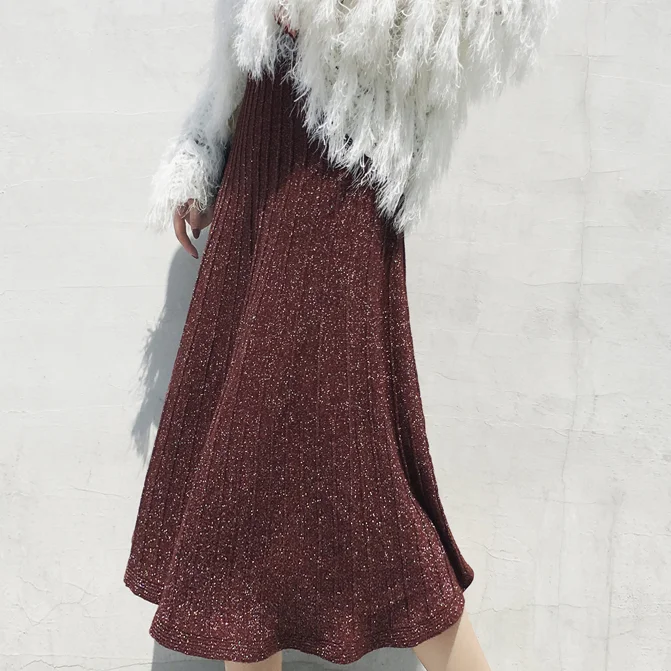 Осенне зимняя Длинная вязаная юбка для женщин серебристые блестящие