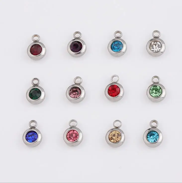 

60Pcs/Lot Stainless Steel Birthstone Charms 6.5mm Rhinestones Month Birthstone Charms For DIY Jewelry Making Necklace wholesale