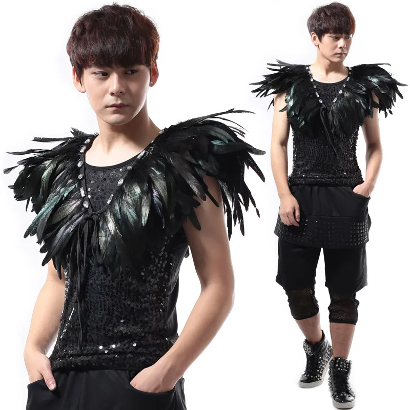 New Stage Costume NightClub Men Feather Shoulder Rave Clothes GoGo Dance For Singers BL2181 |