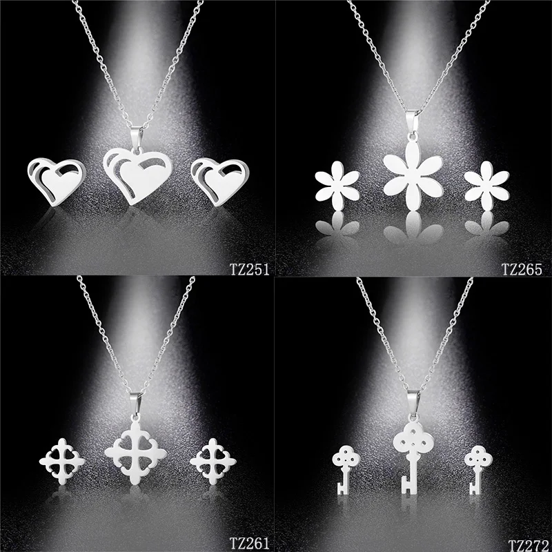 

304 Stainless Steel Jewelry Sets Fashion Flower Heart Cross Key Jewelry Sets Accessories Fashion Female Jewelry Party Gifts