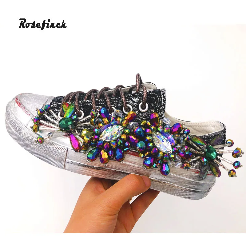Женские парусиновые туфли стразы оригинальные модные кроссовки ручной работы с