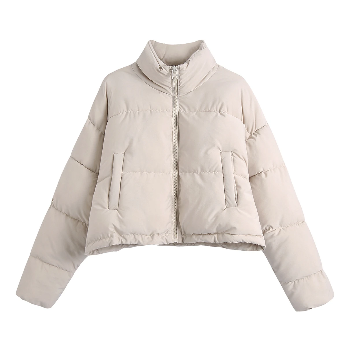 

Women Winter Khaki Warm Quilting Coat Female Stand Collar Zipper Front Pocket Thick Down Clothes Loose Long Sleeve Casaco