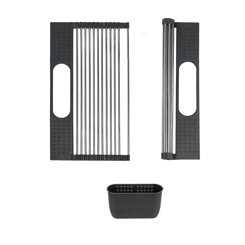 

Telescopic Sink Drying Tray Rack Stainless Steel Roll-up Bowl Rack with Fruit Vegetable Asphalt Basket Kitchen Accessories
