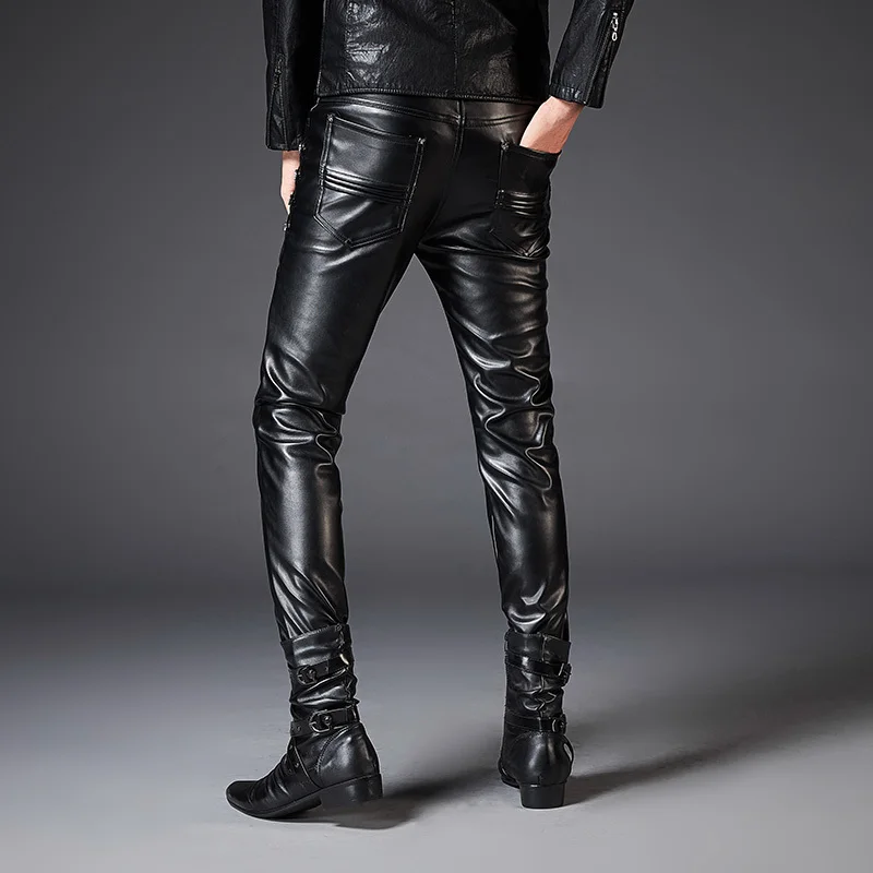 PU Faux Leather Pants For Men Brand Black Fashion Motorcycle Streetwear Punk Hip HOP Bike Trouesr